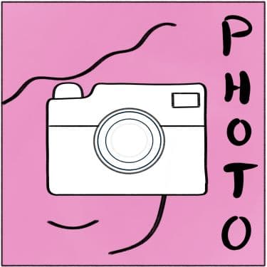 A drawing of a camera with the word PHOTOS written on the side