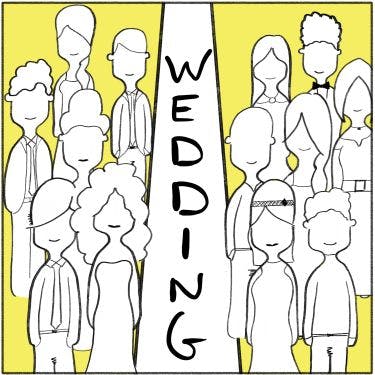  A bunch of people at a wedding with the word WEDDING written down the center