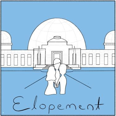 drawing of two people eloping at the Griffith Observatory, with the word ELOPEMENT written on the bottom