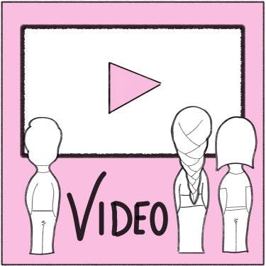 A drawing of 3 people watching a giant screen.  The word VIDEO is written at the bottom