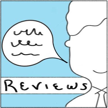 A drawing of a guy speaking.  The word REVIEWS is written on the bottom